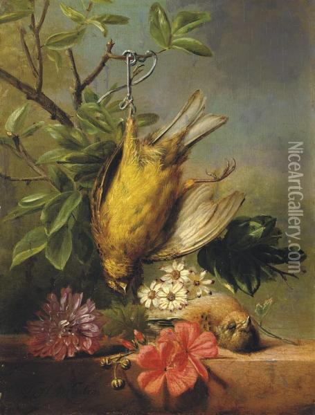 A Still Life With Flowers And Poultry Oil Painting - Gabriel Henriques De Castro