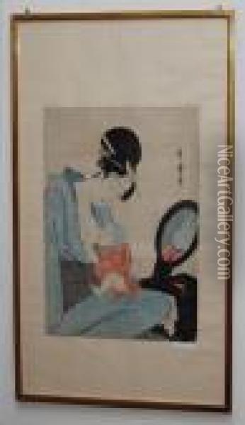 Meiji-zeitliche Nachdrucke Von 
Zwei Brustbildern Von Schonen Frauen Und Zwei Mutter-kind-darstellungen. Oil Painting - Kitagawa Utamaro