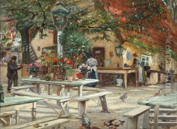 View From The Small Gardens At Pile Alle In Denmark Oil Painting - Sally Nikolai Philipsen