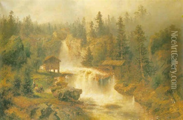 Figures Before A Mill In A Mountainous River Landscape Oil Painting - Hermann Herzog