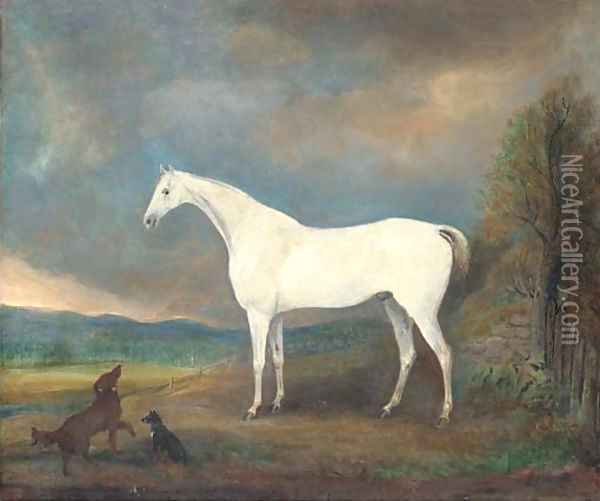 A grey hunter with two dogs in a landscape Oil Painting - James Howe