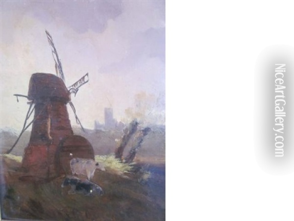 Windmill Scene With Cattle Oil Painting - Thomas Lound