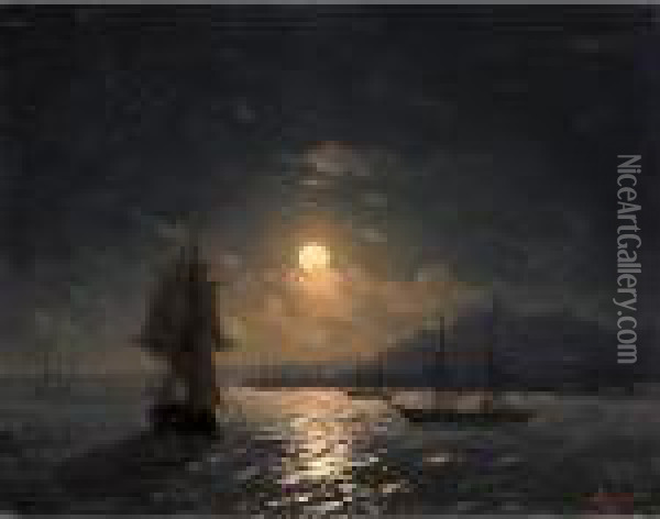 Shipping On A Moonlit Coast Oil Painting - Ivan Konstantinovich Aivazovsky