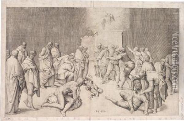 Die Philister Bringen Die Arche Des Covenant In Den Tempel Des Dagon Oil Painting - Battista Franco