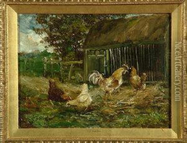 A Cockerel And Three Hens By A Chicken Coup Oil Painting - John Falconar Slater