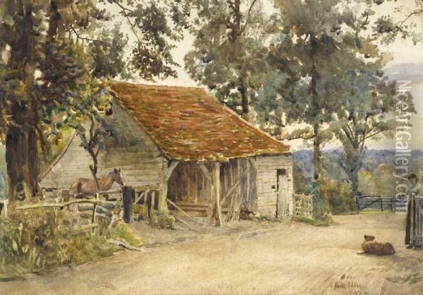 By The Old Barn At Day's End Oil Painting - Joseph Poole Addey
