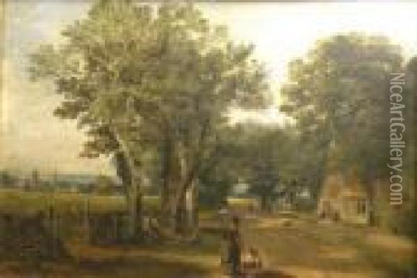 Figures On A Sunlit Country Road Oil Painting - Alfred Stannard