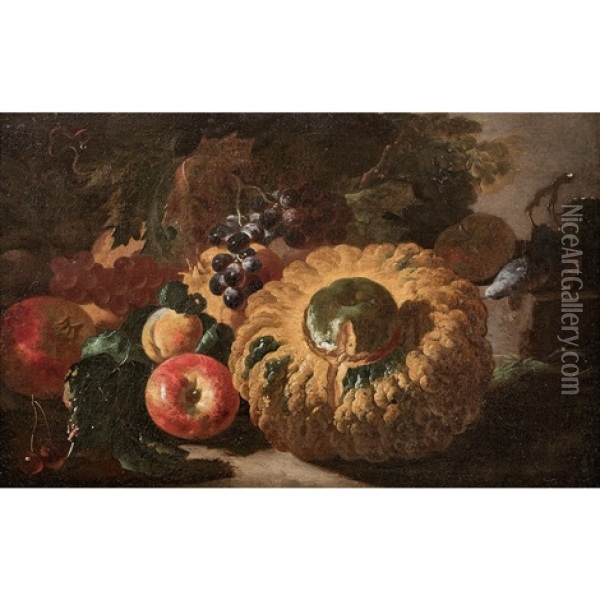 Nature Morte Aux Fruits : Grenade, Raisin, Cerise Et Courge Oil Painting - Michelangelo di Campidoglio