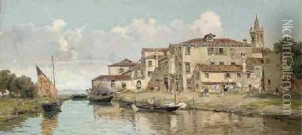 Bragozzi Chiogiotti In The Venetian Lagoon Oil Painting - Antonio Maria de Reyna Manescau