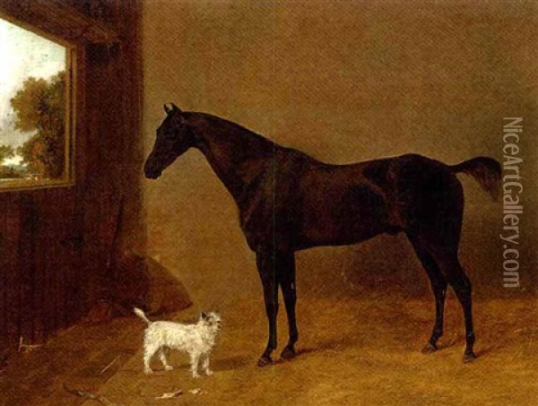A Black Horse And Terrier In A Stable Oil Painting - Richard Ansdell