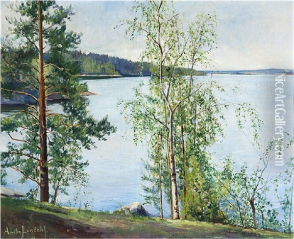 Birches By The Shore Oil Painting - Amelie Lundahl