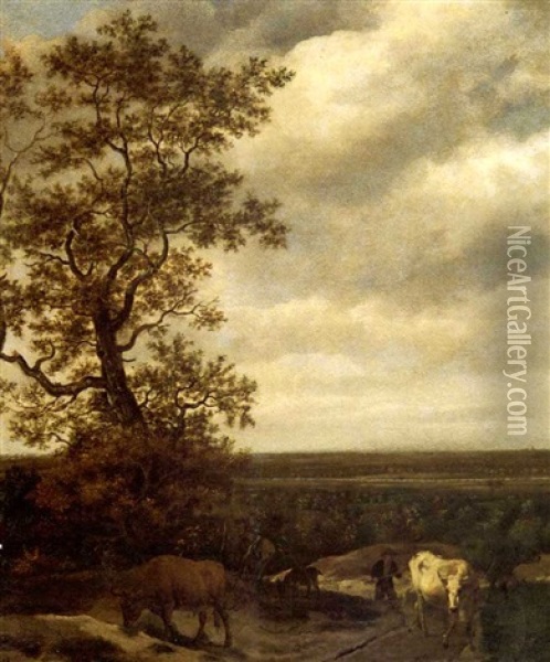 An Extensive Landscape With A Stream And A Drover With Cattle Oil Painting - Jacob Van Ruisdael