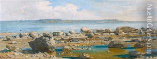 Plage De Marin En Dessous De La Falaise Oil Painting - Auguste Bachelin