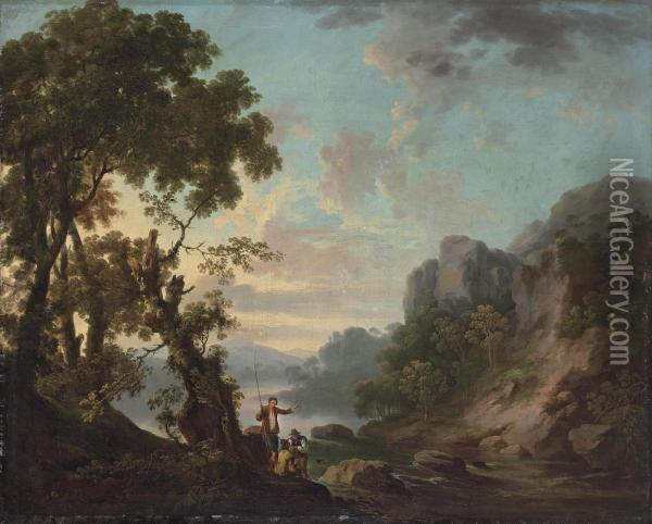 Wooded Landscape With A Lake, Anglers In The Foreground Oil Painting - George Cuitt