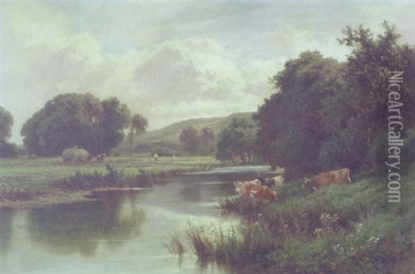 Haymaking By A River Oil Painting - Henry H. Parker