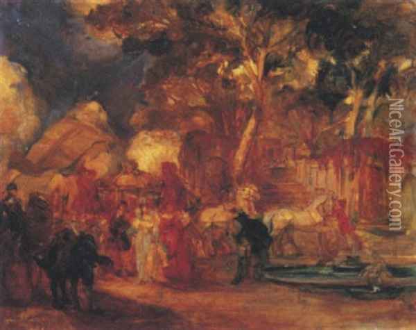 Scena Con Carrozza E Cavalieri, 1918 Oil Painting - Giuseppe Rivaroli