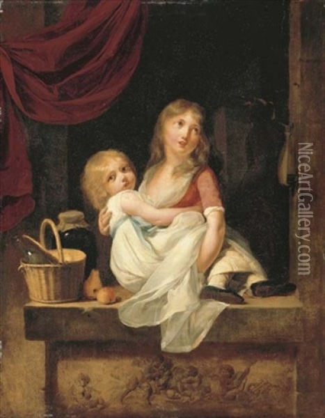 Two Girls At A Casement Above A Relief Of Putti, A Bottle In A Wicker Basket On A Ledge With A Jar And Fruit, A Statue Of A Woman Beyond Oil Painting - Louis Leopold Boilly