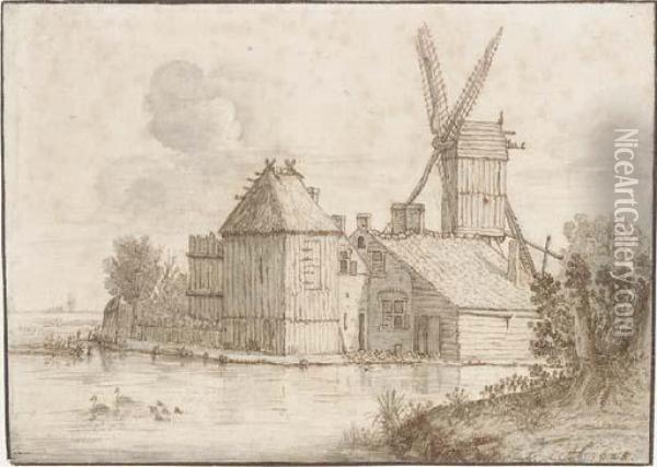 A Farmstead With A Windmill By A Pond Oil Painting - Hendrick I Hondius