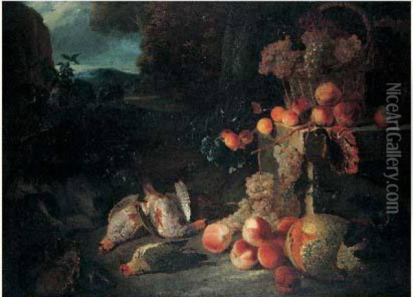 Nature Morte Au Panier De Raisins, Abricots,peches Et Perdrix Sur Fond De Paysage Oil Painting - Alexandre-Francois Desportes