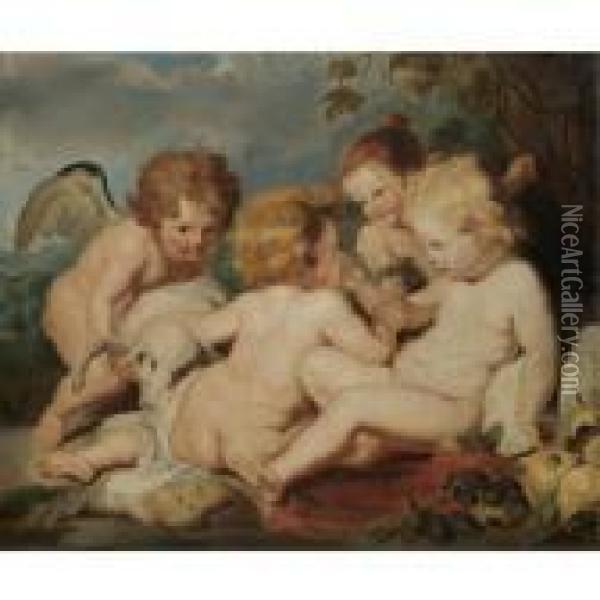 The Christ Child With The Infant Saint John The Baptist And Putti In A Landscape Oil Painting - Peter Paul Rubens