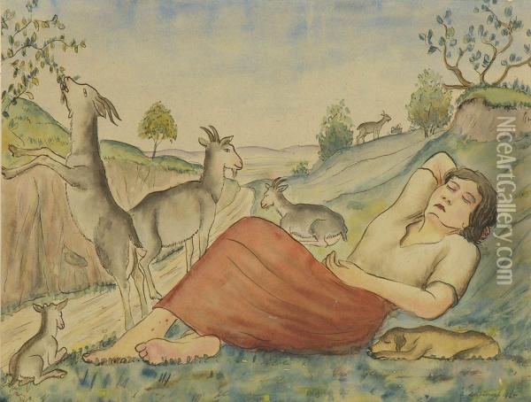 Schlafendes Madchen Mit Ziegen Oil Painting - Georg Schrimpf