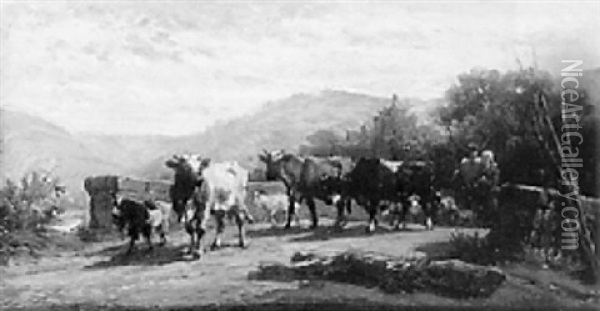 Drovers And Cattle On A Stone Bridge Oil Painting - Andre Plumot