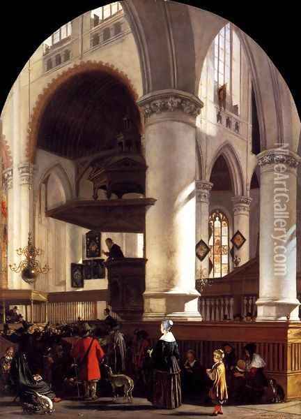 Interior of the Oude Kerk at Delft during a Sermon Oil Painting - Emanuel de Witte