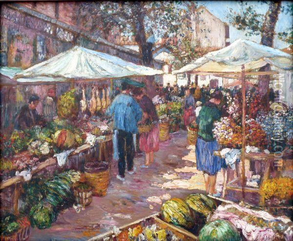 Marche Aux Fleurs Et Legumes , St Jean De Luz Oil Painting - Louis Floutier