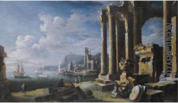 A Capriccio Of Architectural Ruins With A Seascape Beyond Oil Painting - Leonardo Coccorant