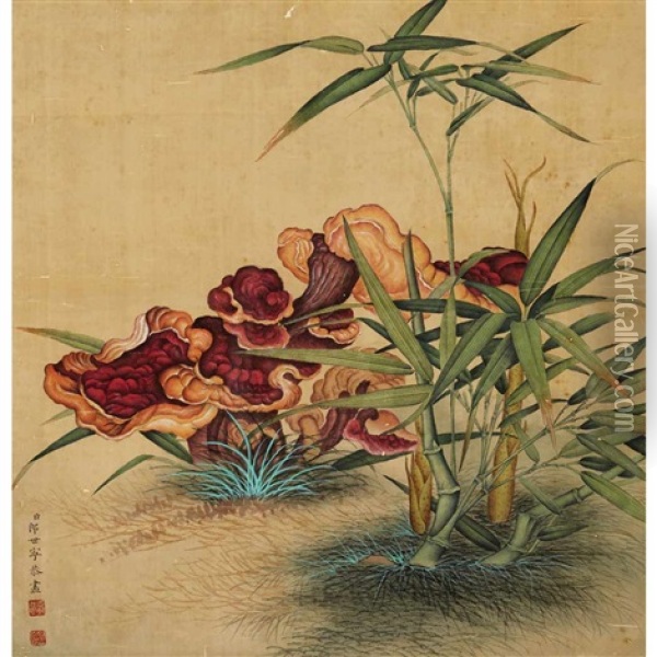 Lingzhi Fungus And Bamboo Oil Painting -  Lang Shining (Giuseppe Castiglione)