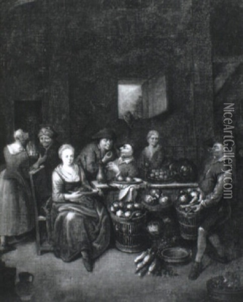 Peasants In A Kitchen Interior Oil Painting - Dirk van Bergen