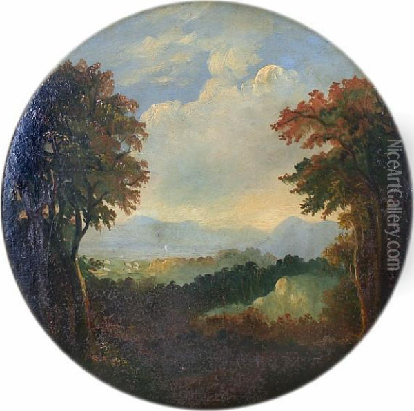 An Extensive Wooded Landscape With Coast Andmountains Beyond, Circular Oil Painting - John, Rev. Thomson Of Duddingston