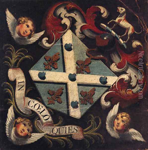 A Hatchment comprising a Coat of Arms with the motto IN COELO QUIES supported by three Seraphim Oil Painting - English Provincial School