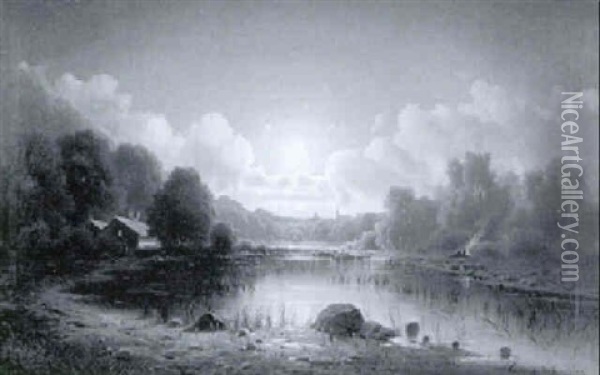Flusslandschaft Im Mondlicht Oil Painting - Anton Pick