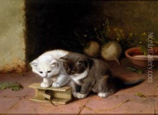 Play Time, Kittens With A Trapped Mouse Oil Painting - Charles Hunt