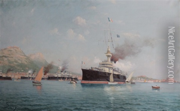 Bateaux De Guerre En Rade De Toulon Oil Painting - Henri Malfroy-Savigny