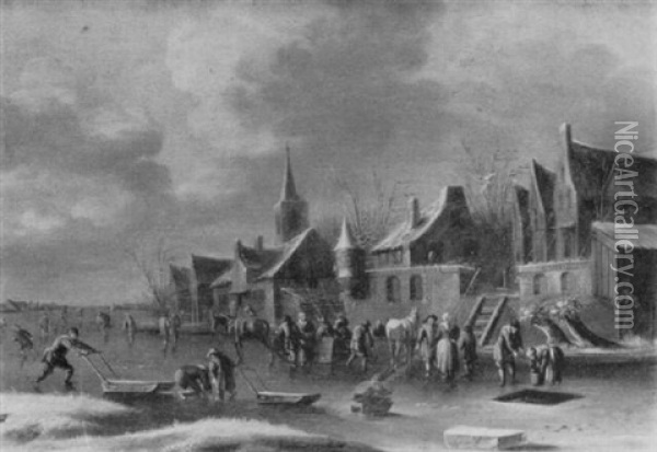 Skaters And Sledges On A Frozen Waterway By A Fortified Town Oil Painting - Nicolaes Molenaer