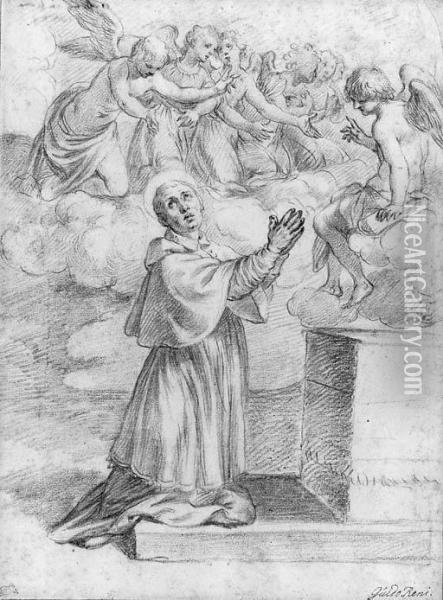 A Bishop Saint Praying At An Altar With Angels Above Oil Painting - Alessandro Turchi