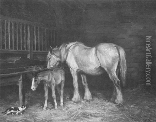 A Mare And Foal In A Stable Interior Oil Painting - Wright Barker