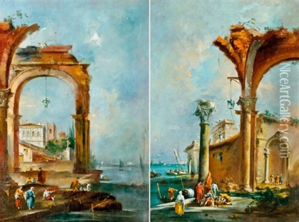 Capriccio, I - Ii (pair) Oil Painting - Giacomo Guardi