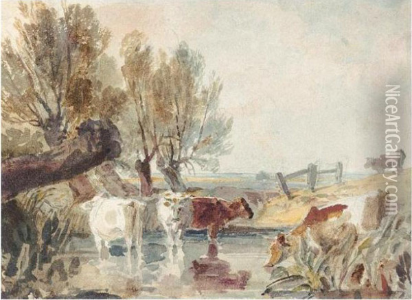 Cattle Watering At A Ford Oil Painting - Peter de Wint