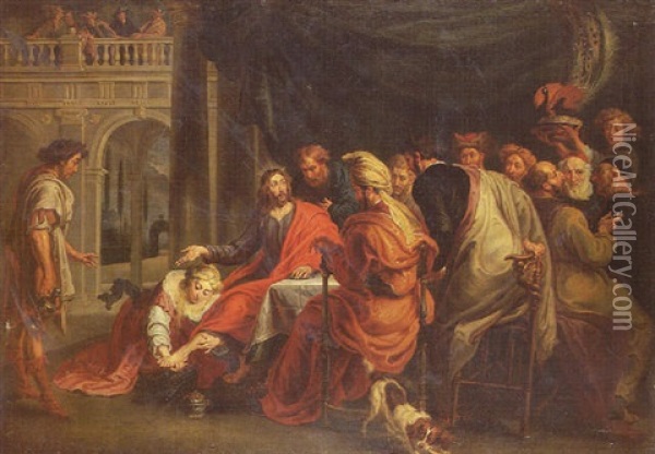 Marie Madeleine Aux Pieds Du Christ Oil Painting - Willem van Herp the Elder