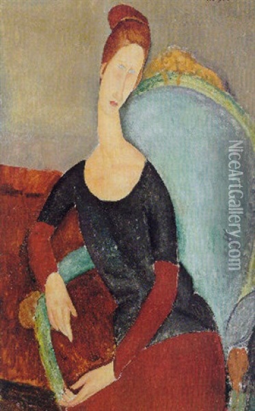 Portrait De Jeanne Hebuterne Assise Dans Un Fauteuil Oil Painting - Amedeo Modigliani