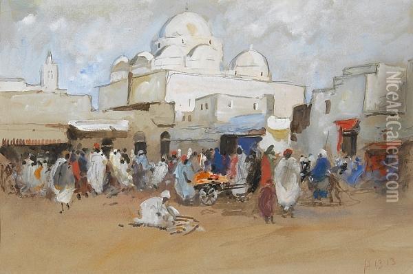 A View Of A Mosque, Place Bab-souika, Tunis Oil Painting - Hercules Brabazon Brabazon