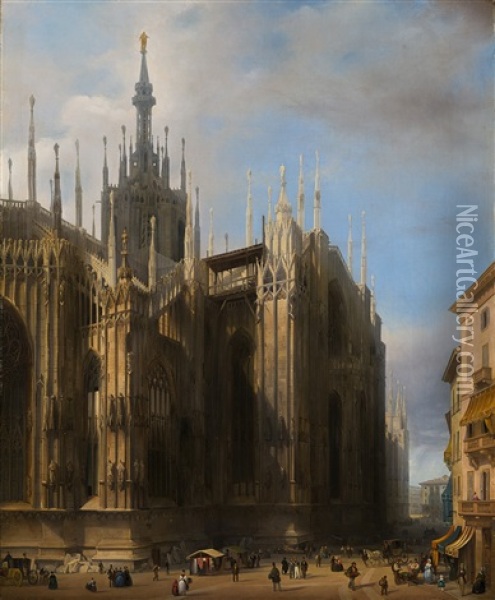 Veduta Del Fianco Del Duomo Di Milano Dalla Corsia Dei Servi Oil Painting - Luigi Bisi