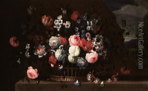 Still Life Of Flowers In A Basket On A Ledge, A Distant     Landscape Beyond Oil Painting - Pieter Hardime