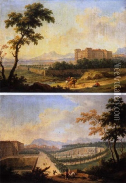 Veduta Del Castello Di Moncalieri Con Viandanti Oil Painting - Angelo Antonio Cignaroli