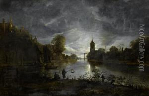 A Moonlit River Landscape With Fishermen On A Shore And A Village In The Distance Oil Painting - Anthonie Van Borssom