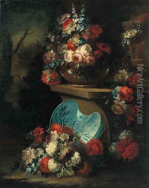 Roses, carnations and narcissi in a glass bowl on a stone ledge Oil Painting - Gasparo Lopez