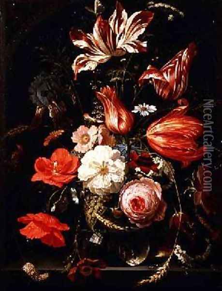 Still Life of Flowers on a Ledge Oil Painting - Abraham Mignon